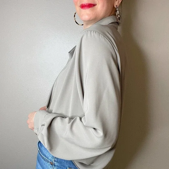 Vintage dove grey pussy bow tie neck blouse secretary 90s taupe long sleeve L - Picture 13 of 17
